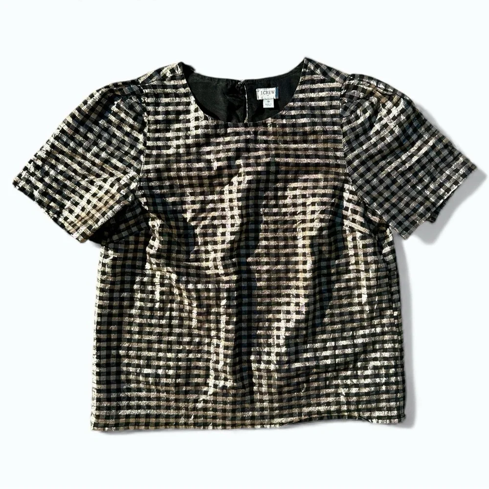 J.Crew Gold Lurex Gingham Puff-Sleeve Metallic Top Women’s Size S
